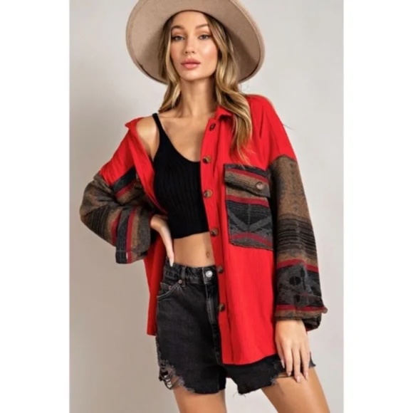 Red Corduroy Aztec Tribal Western Printed Shacket Shirt Jacket - Picture 1 of 6